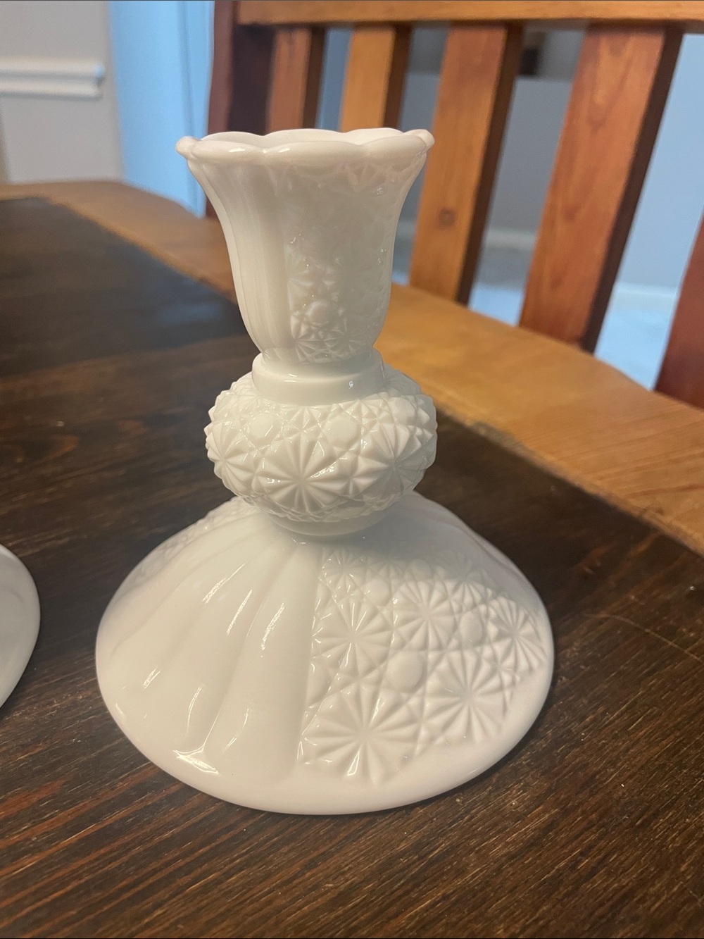 Vintage White Milk Glass Candlestick Pair - Elegant Floral Pattern - Picture 10 of 10